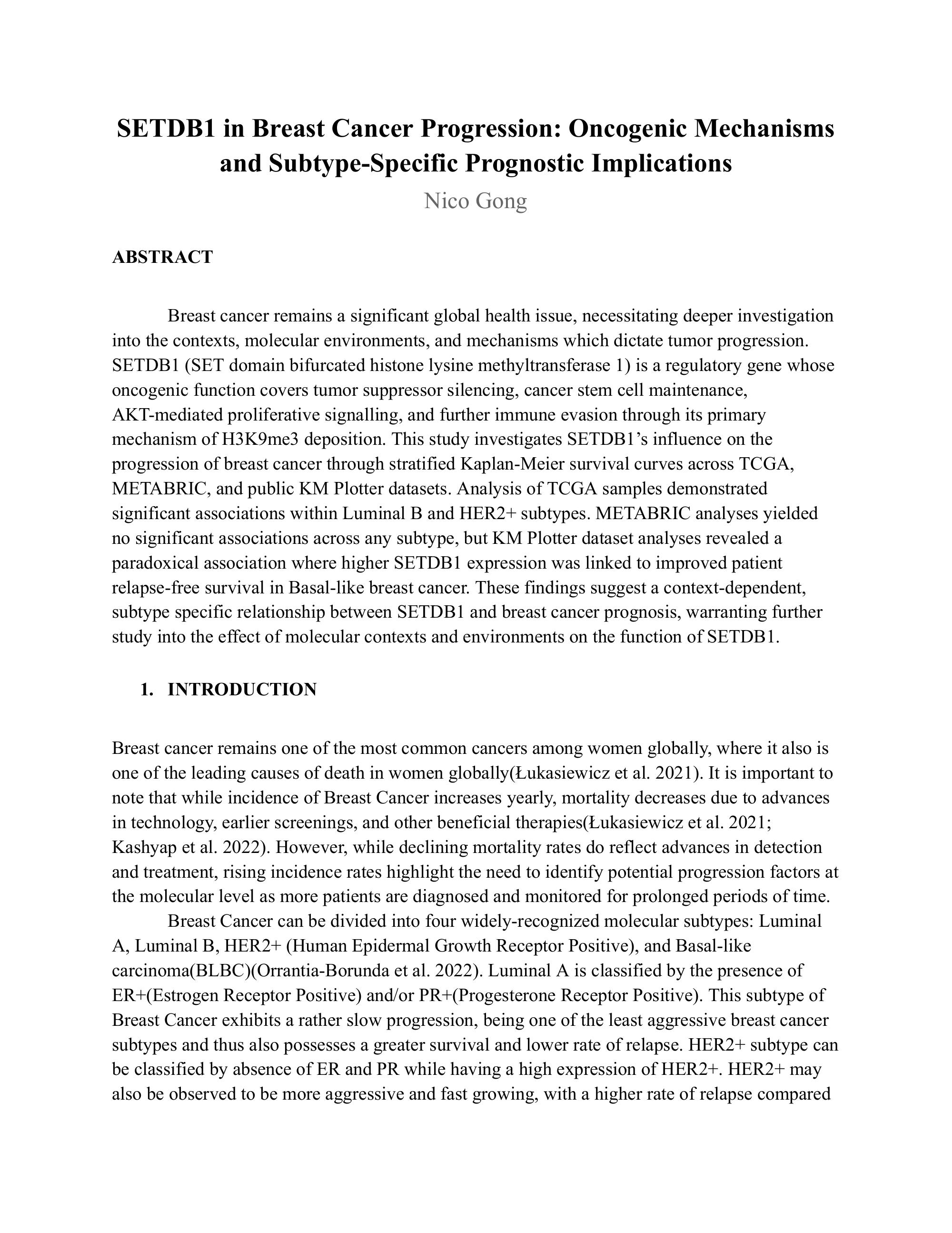 SETDB1 in Breast Cancer Progression: Oncogenic Mechanisms and Subtype-Specific Prognostic Implications, page 1
