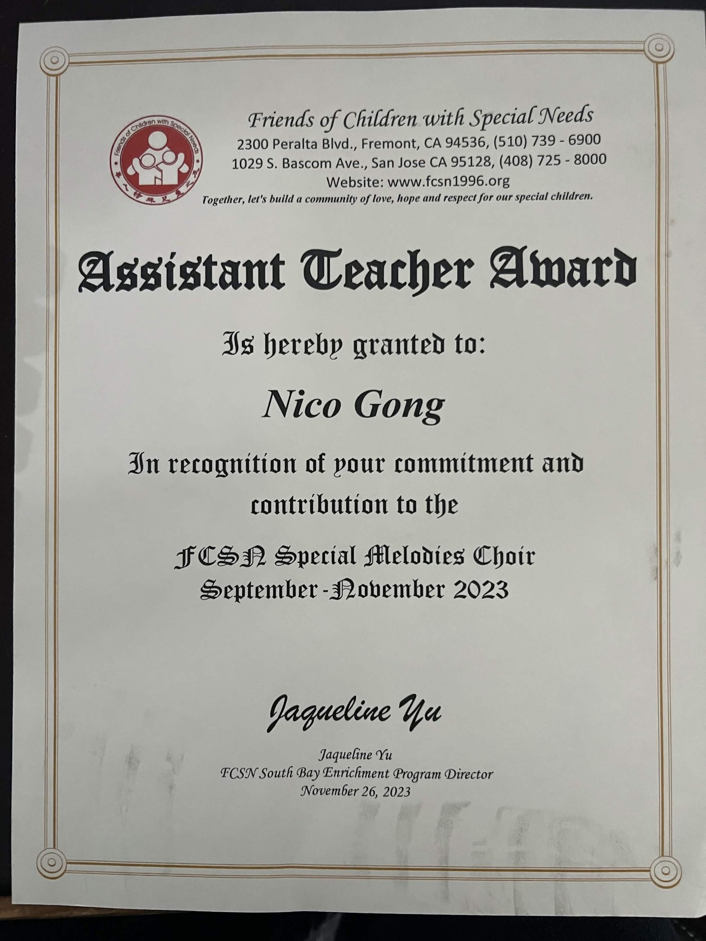 Assistant Teacher Award — Special Melodies Choir