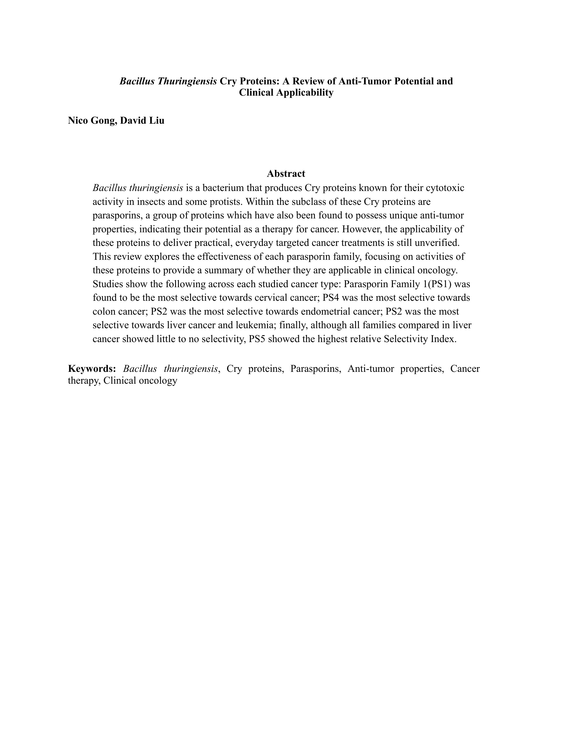Bacillus Thuringiensis Cry Proteins: A Review of Anti-Tumor Potential and Clinical Applicability, page 1