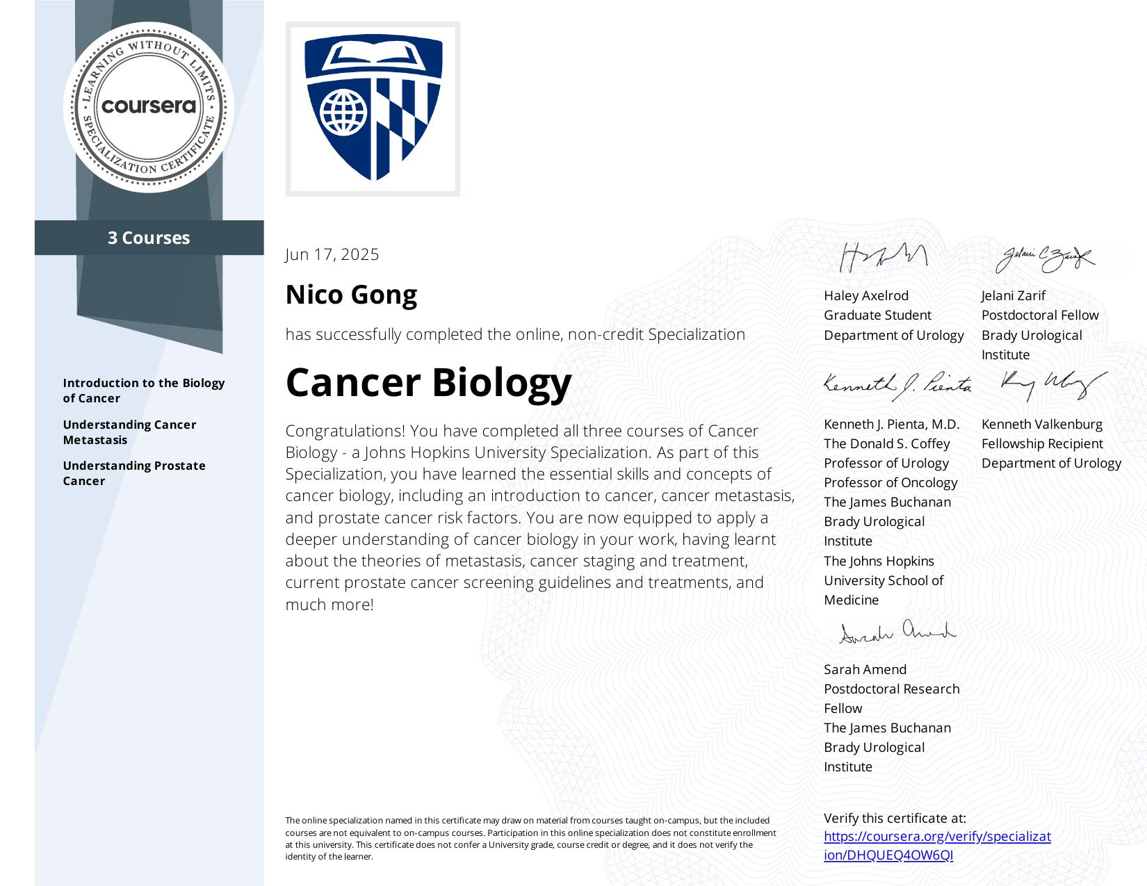Cancer Biology — Specialization Certificate