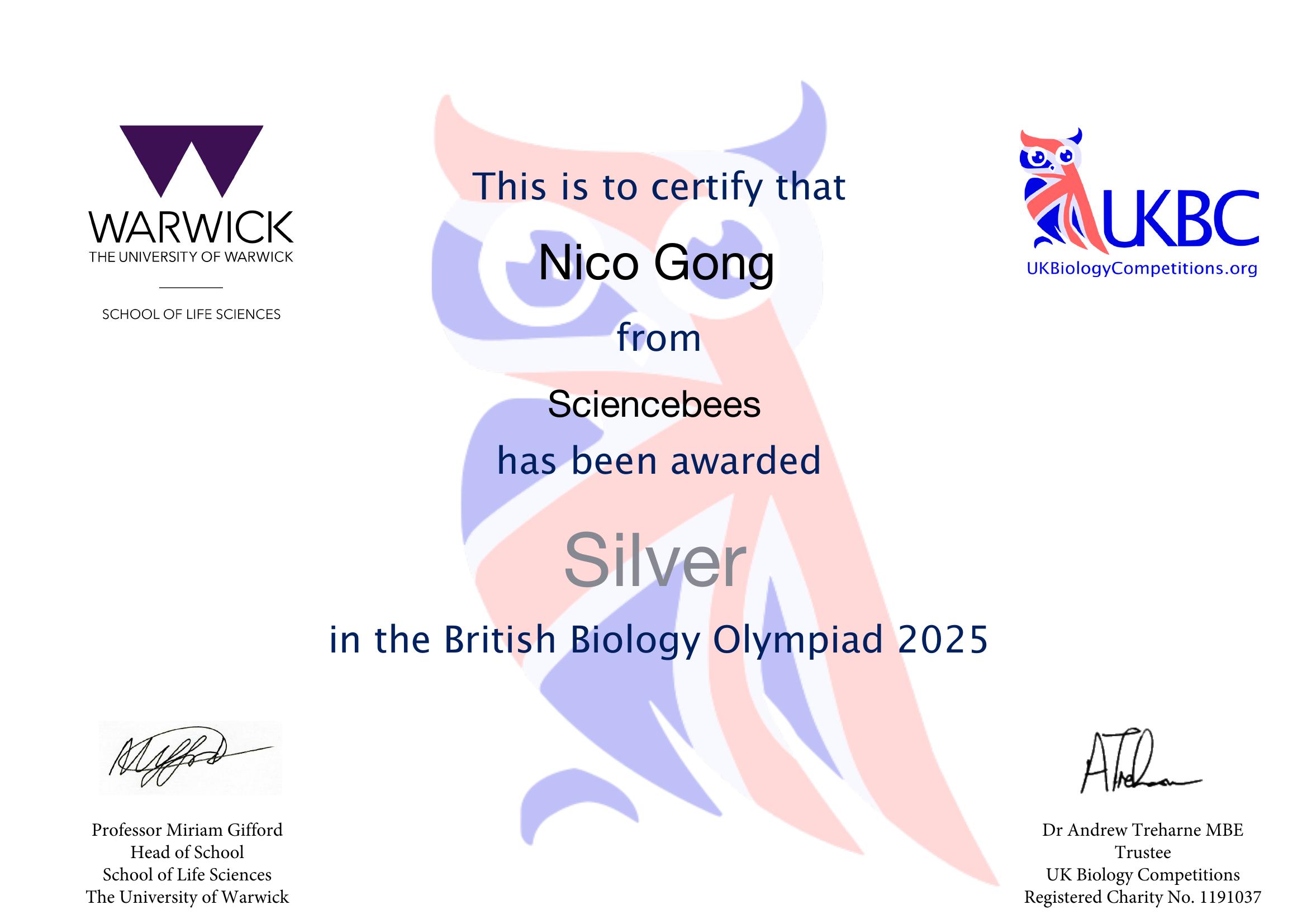 British Biology Olympiad — Silver