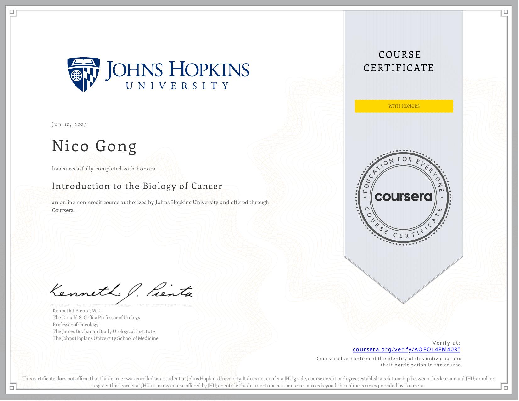 Introduction to the Biology of Cancer — With Honors