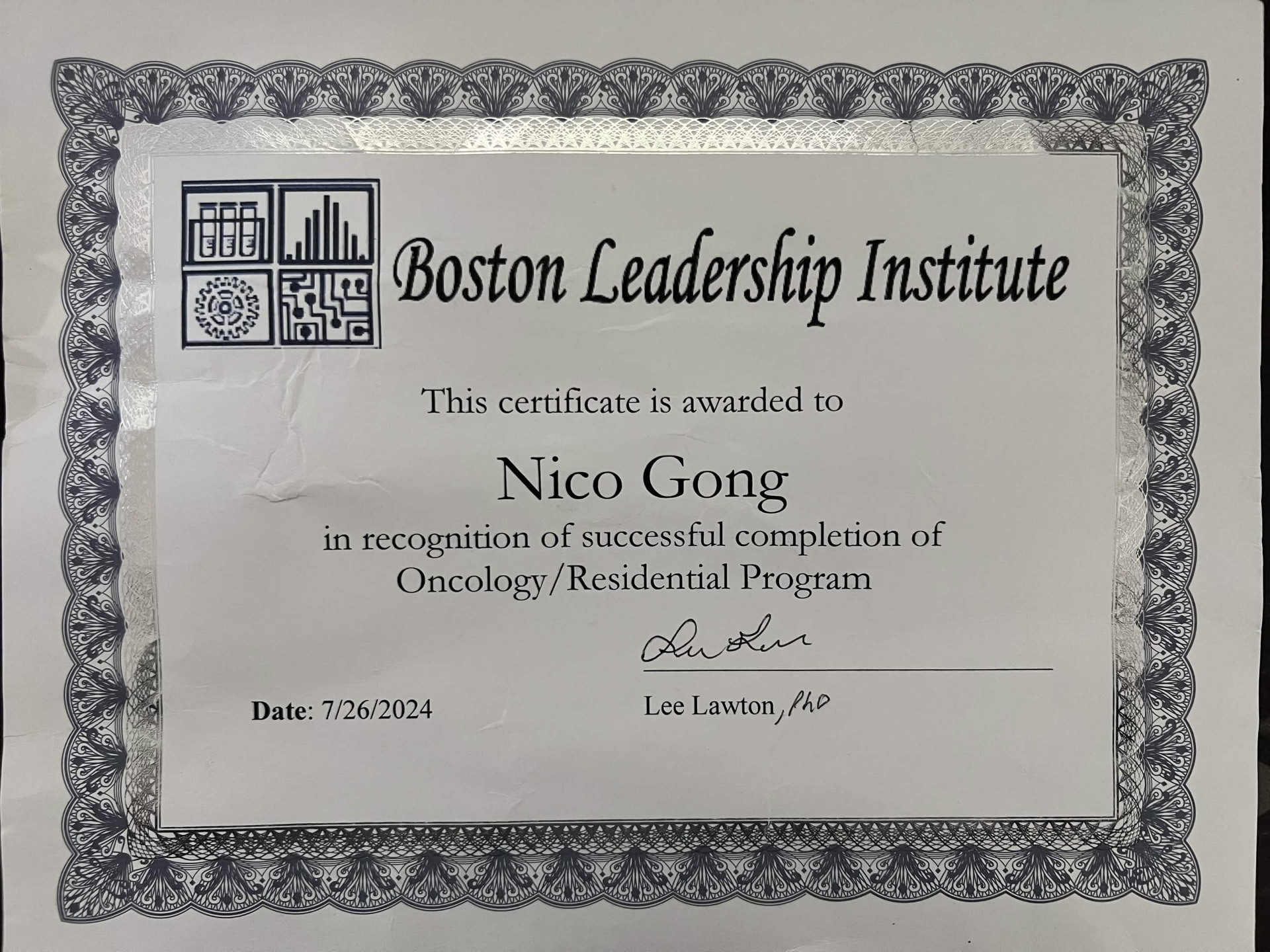 Oncology/Residential Program — Certificate of Completion