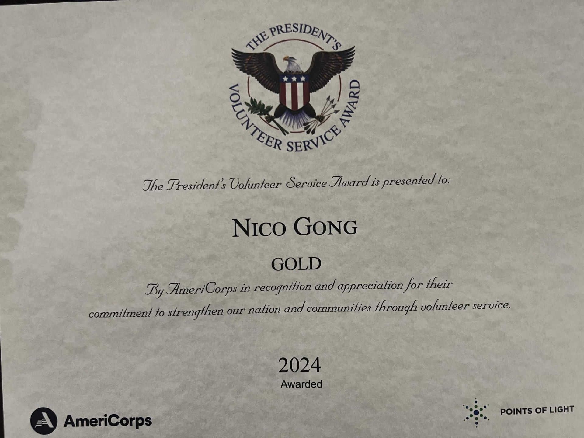 President's Volunteer Service Award certificate