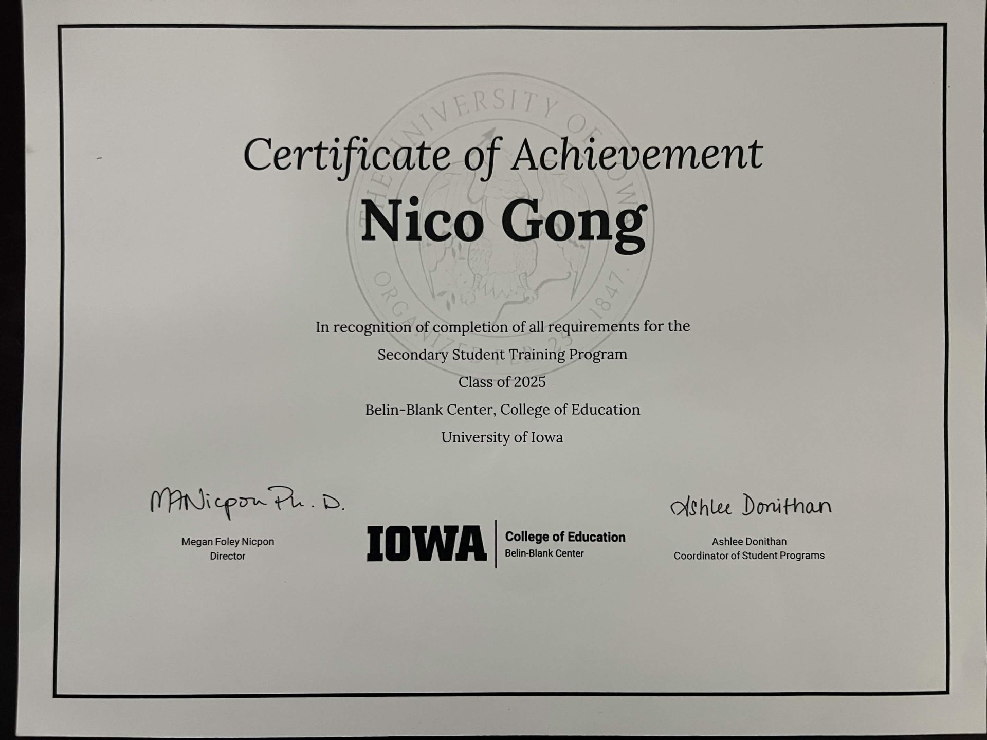 Secondary Student Training Program — Certificate of Achievement