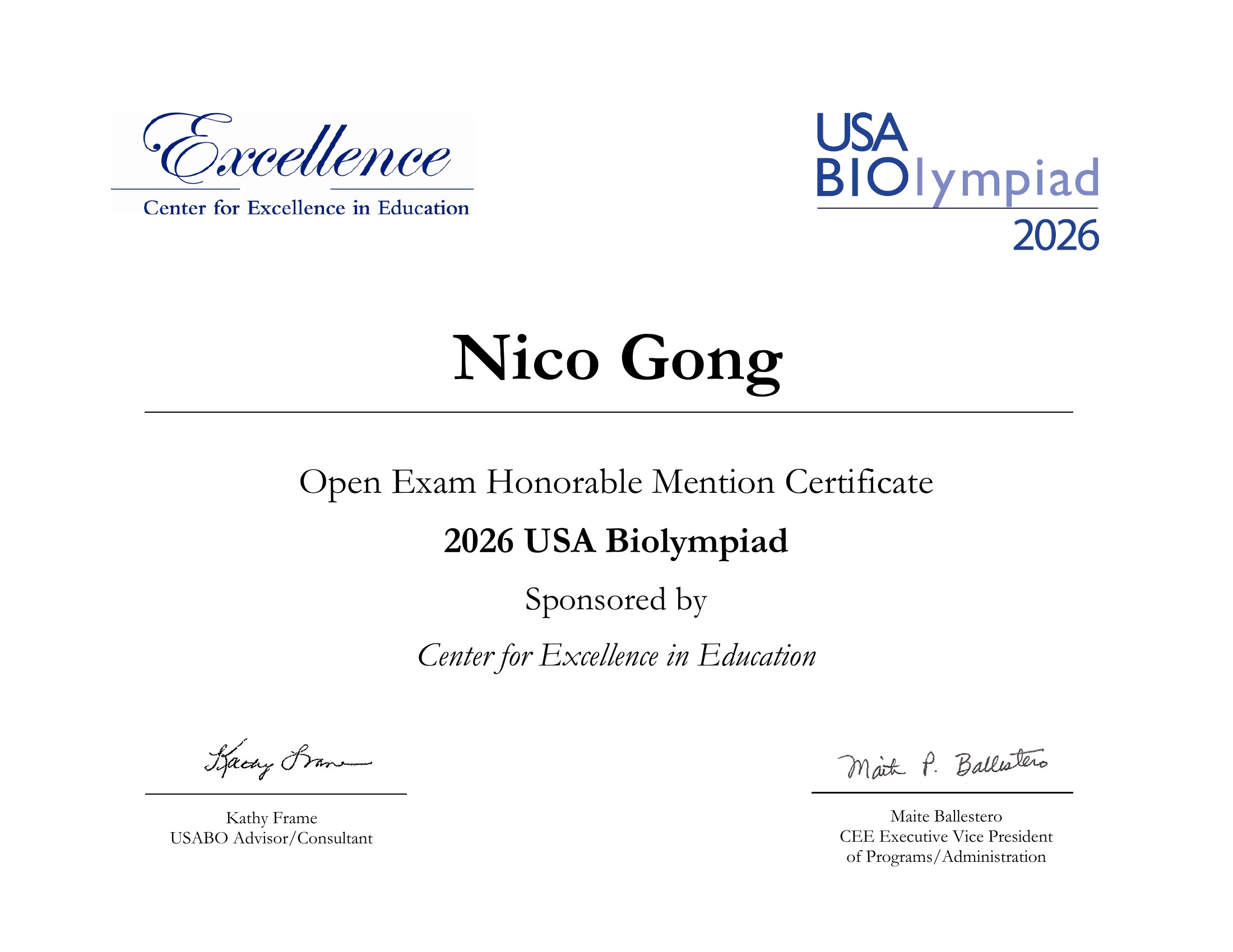 USA Biolympiad — Open Exam Honorable Mention
