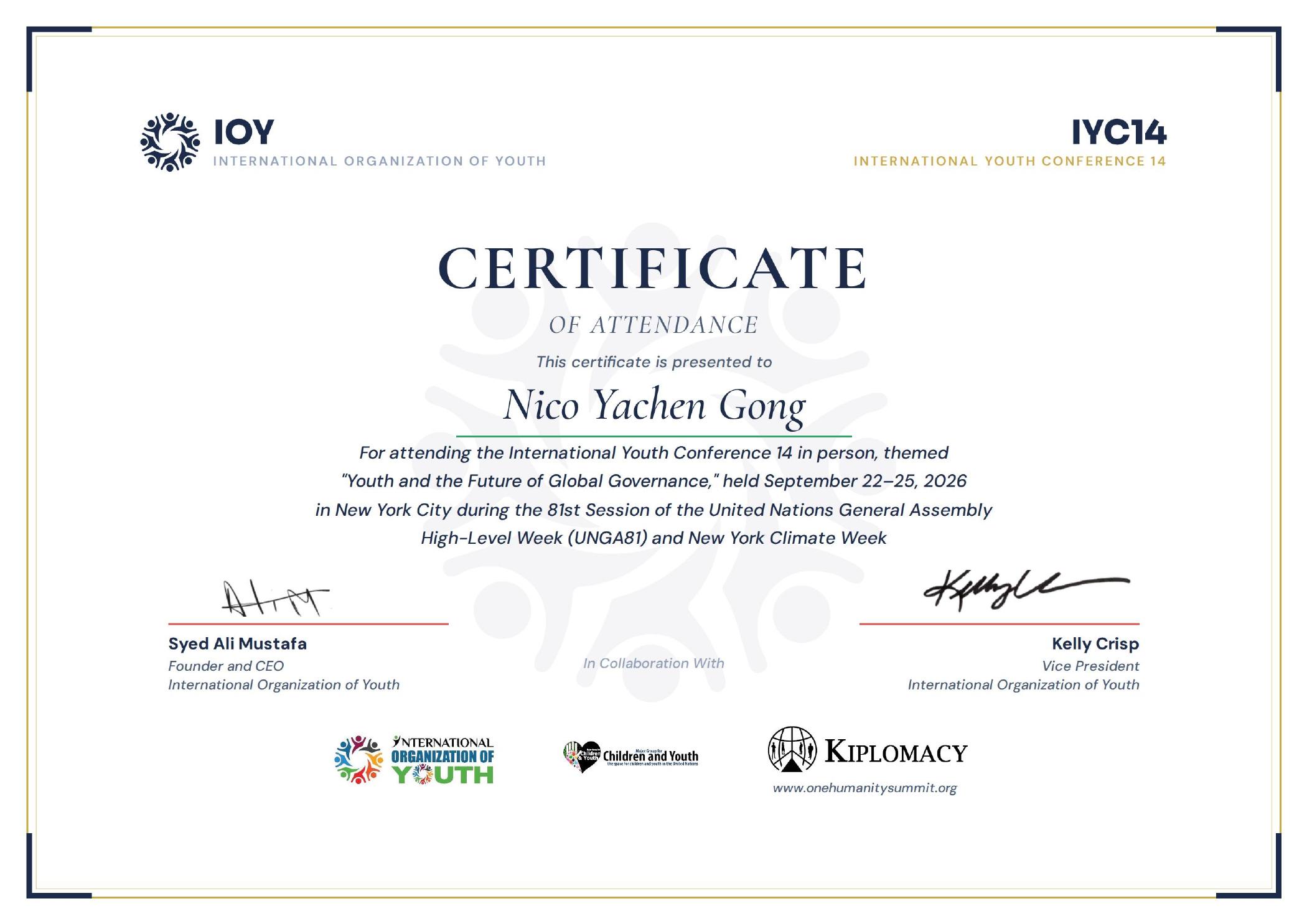 International Youth Conference 14 — Certificate of Attendance