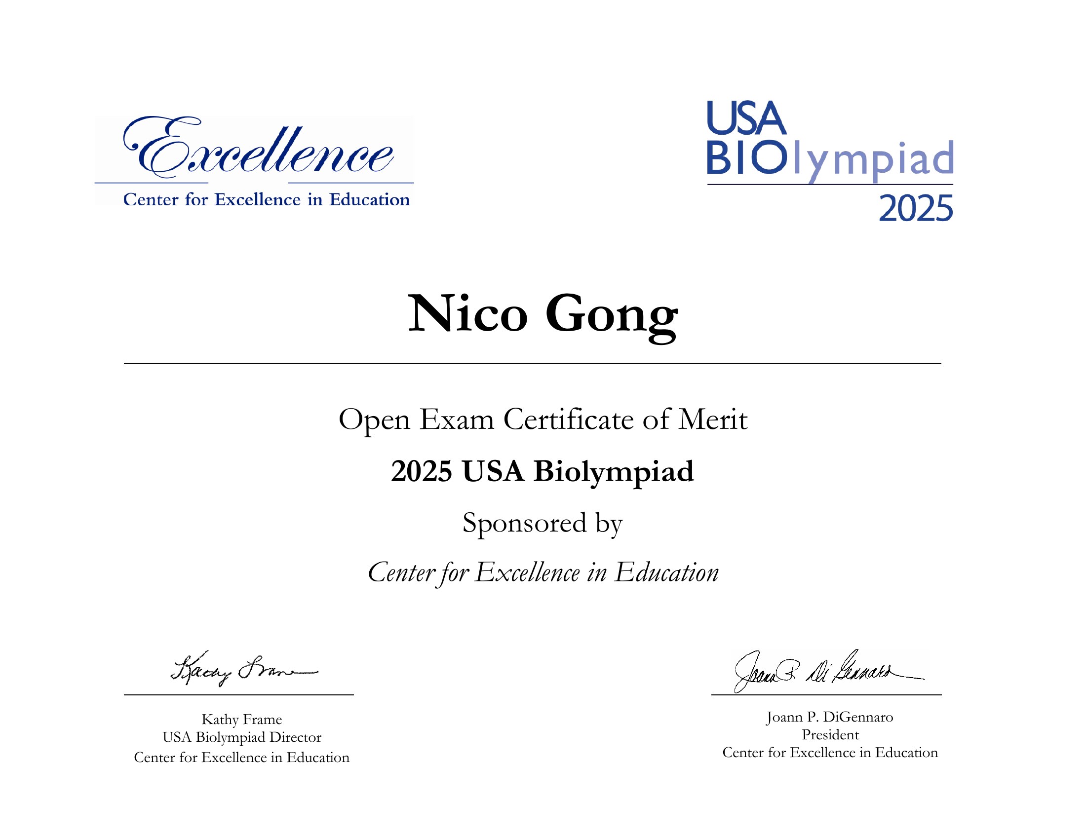 USA Biolympiad — Open Exam Certificate of Merit