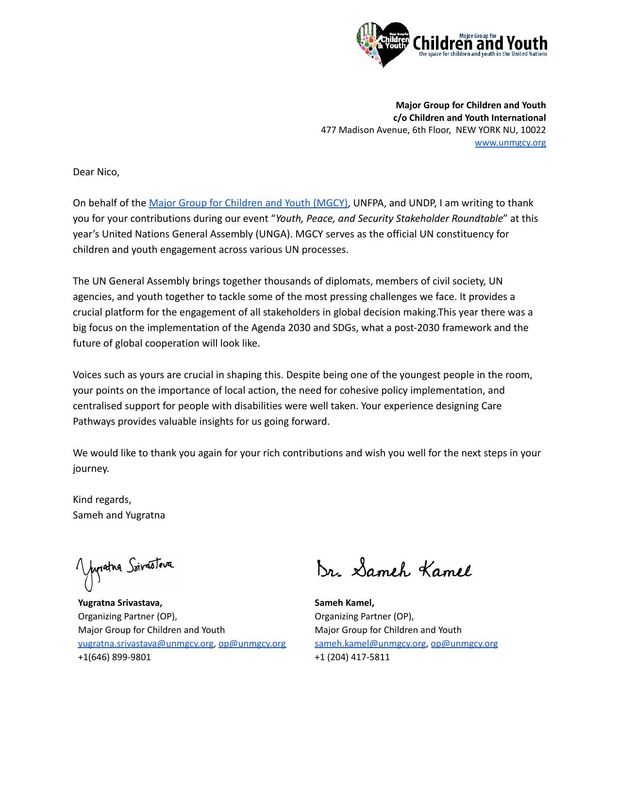 United Nations General Assembly — Youth, Peace, and Security Stakeholder Roundtable