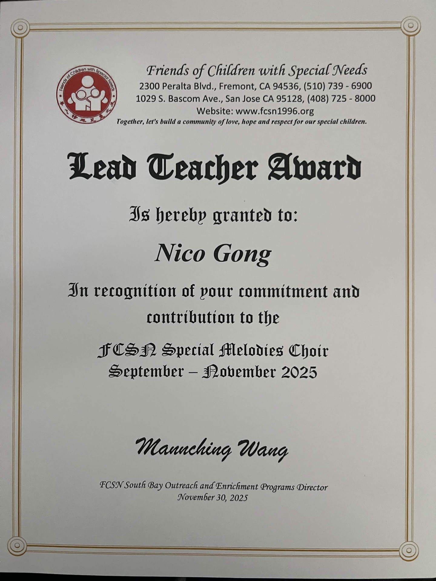 Lead Teacher Award — Special Melodies Choir